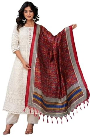 Sambhav Quilt Hub Pantalón Kurta Chikankari puro para mujer con chanderi de seda Dupatta con impresión digital Duppta Set, blanco 2, M