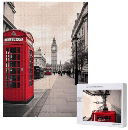 Red Phone Booth London Street Printed Jigsaw Puzzle with Storage Box, Wooden Puzzle for Adults and Kids, 500 Pieces Family Fun Decorative Game