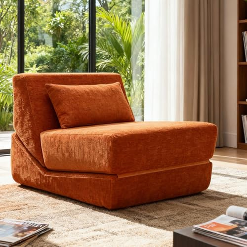 KAPEETOO Fold Out Chair Bed, Folding Sofa Bed, 3 in 1 Convertible Sleeper Chair Bed for Nap, Transformable Sofa Bed for Apartment,Dormitory,Bedroom(Orange)