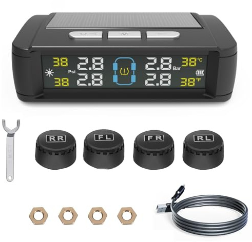Tyre Pressure Monitoring System TPMS with 4 External Sensors, Wireless Car Tire Pressure Monitoring Solar/USB Charging In-Cab Temp/Psi Alerts, 0-6 Bar/72 PSI Range Universal for Vans, Car, SUV Trailer