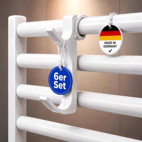 FLEXBERG Lot de 6 porte-serviettes stables pour radiateur de salle de bain - Sans perçage - Crochets pour sèche-serviettes - Pour tuyaux de 18 et 23 mm de diamètre - Blanc - Fabriqué en Allemagne