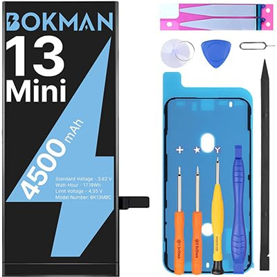 bokman Batteria per iPhone 13 mini, 4500mAh con Kit di Riparazione | Batteria interna, utensili e strisce adesive inclusi, compatibile con A2481/A2626/A2628/A2629/A2630