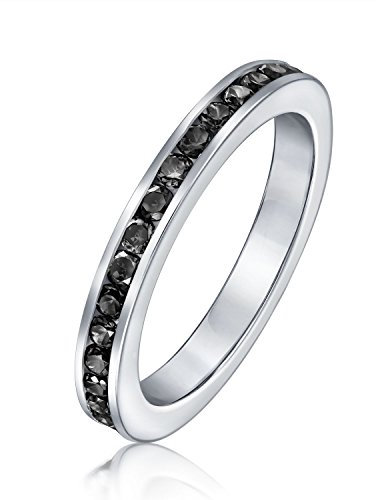 Bling Jewelry Cubic Zirkonia Schwarzer Stapelbarer CZ Kanal Set Ewigkeit Band Ring Simulierter Onyx Für Frauen Teen .925 Sterlingsilber