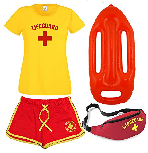 Damen Rettungs-T-Shirt, Shorts, Bauchtasche und Schwimmer, 4-er Set Gr. M, gelb/rot