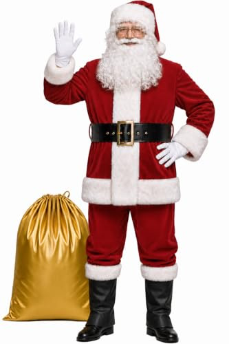 Potalay Men's Deluxe Santa Suit 11pc. Christmas Adult Santa Claus Costume (Large)