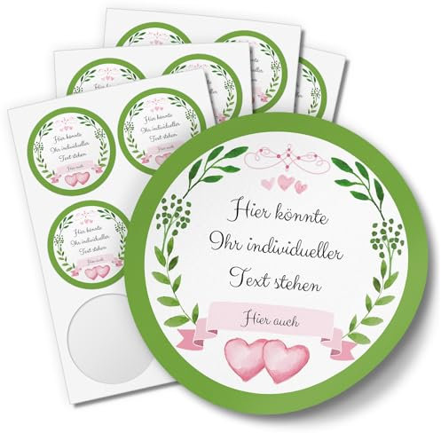 24 PERSONALISIERTE runde Etiketten mit Motiv: 2 Herzen Grüner Kranz mit Herz rosa - Ihre Aufkleber online selbst gestaltet, ganz individuell