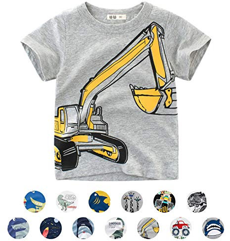 T-Shirts à Manches Courtes Garçon Filles Coton Cartoon Animal Summer Top 1-7 Ans (2-3 Ans, Gris excavatrice)