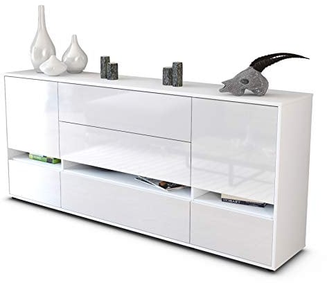 Stil.Zeit Sideboard Floriana, Korpus Weiss matt, Front Hochglanz Weiß (180x79x35cm) Push-to-Open Technik & Leichtlaufschienen