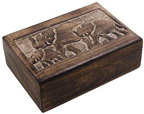Ajuny Handgeschnitzte Dekorative Schmuckschatulle aus Holz mit Elefantenmotiv Rustikales Finish Aufbewahrung von Andenken Reise Organizer Vintage Stil Schatztruhe Schmuckhalter Geschenke