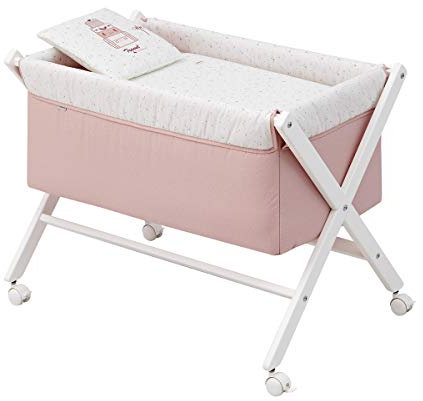 Cambrass - Mini-Kinderbett mit Kreuzbeinen und Rädern mit Bremsen, für die ersten Monate des Babys, leicht zu transportieren, Himmelrosa/BCO 55 x 87 x 74 cm
