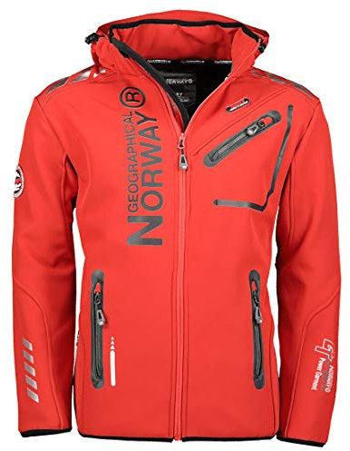 Geographical Norway Royaute Men - Veste Softshell Homme Impermeable - Manteau À Capuche Outdoor - Blouson Coupe Vent Tactique Resistant Hiver - Activites En Exterieur (Rouge Noir L)