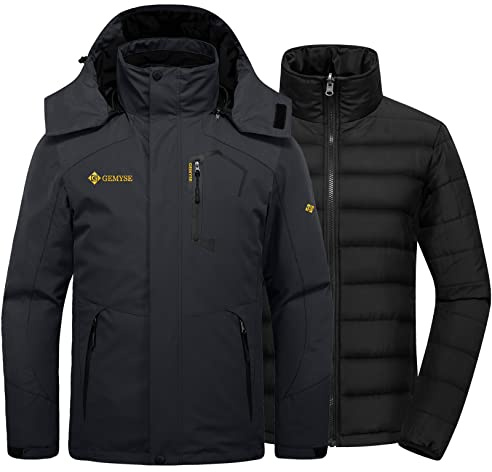 GEMYSE Veste de Ski Homme 3 en 1 avec Doublure Amovible Imperméable Coupe-Vent Respirante avec Capuche Manteau Chaud Hiver pour Randonnée(Noir,2XL)
