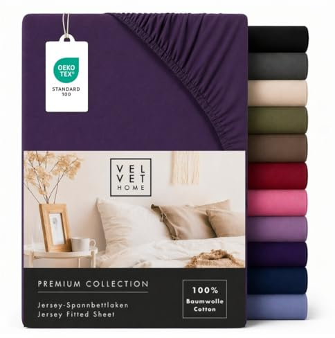 VelvetHome Spannbettlaken 180x200cm Jersey 100% Baumwolle, Aubergine | Spannbetttuch 180x200 für Matratzen & Topper bis 25 cm, gekämmte Baumwolle, OEKO-TEX, weich atmungsaktiv bügelfrei elastisch