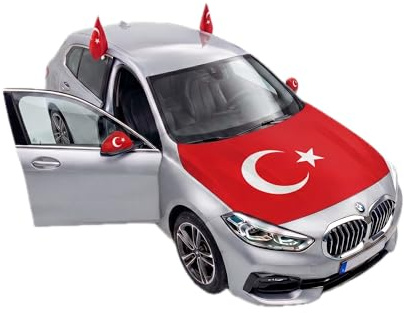 Auto Fahnen Türkei Komplett Set - Motorhaubenfahne, 2 Autofahnen Fenster & 2 Außenspiegelfahnen, Fußball Fanartikel FZG für EM & WM, Türkische Flagge Fahrzeug Deko