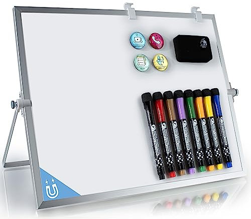 Dry Erase White Board 16x12 – Portable Double-Sided Magnetic Desktop Whiteboard with Stand, Markers, Eraser, Magnets – Tabletop Wipe Off Board, White Board Planner, Easel for Office, Desk, School
