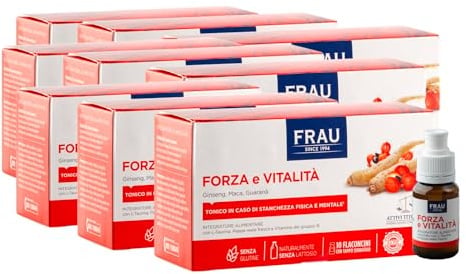 FRAU Forza e Vitalita’, Integratore Energia A Base Di Estratti Vegetali, 9 confezioni X 10 Flaconcini Con Tappo Serbatoio, Integratore Stanchezza Fisica E Mentale, Senza Glutine E Lattosio, Bianco