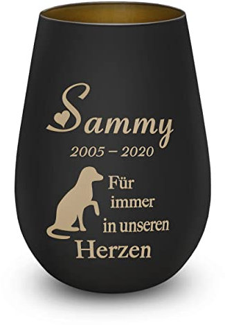 Trauerlicht Gedenklicht Andenken Windlicht Trauergeschenk Tod Erinnerung Teelichtglas Grablicht Kistallglas schwarz Hund mit Gravur Name und Datum