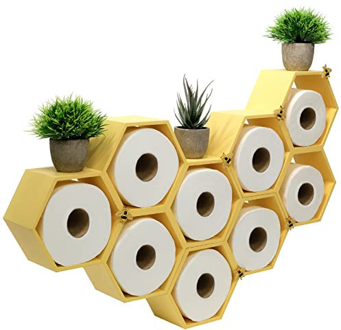 Excello Global Products Honeycomb Toilet Paper Holder with Bees - Holds 9 Rolls - Multiple Configurations, Yellow