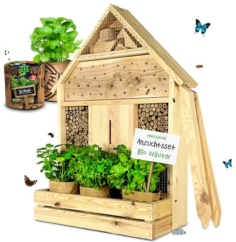 GARTENETAGE Stehendes Insektenhotel XXL mit Pflanzenoase Kräuterparadies - inkl. Anzuchtset/Naturbelassenes, massives Insektenhaus groß & Bienenhotel/Insektenhotel zum Aufstellen