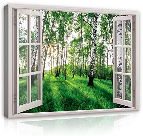 Leinwand Bilder Fenster Wald Birkenwald Natur Landschaft Modern Canvas Leinwandbild Fensterblick Küche Schlafzimmer Wohnzimmer Kunstdruck Wandbilder Wand Bild auf Leinwand Aufhängefertig (120x80 cm)