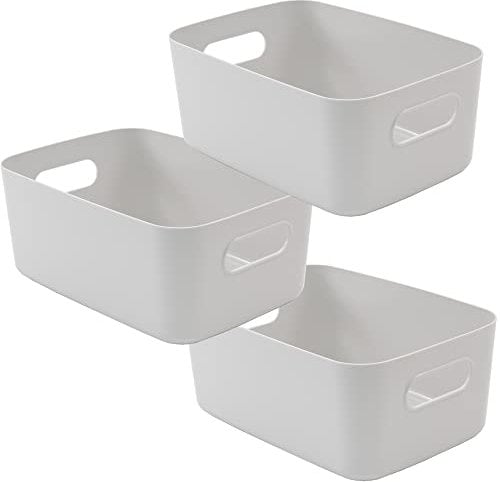 SA Products Set of 3 Storage Box | Grey Storage Boxes With Handle | Rectangular Plastic Storage Baskets | Stylish Cupboard Organiser For Kitchen, Home, Office and Bathroom (Grey)