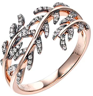 18 Karat (750) Rotgold Ring Damen Gold, Ring Damen Schwarze Blätter Hohler Ring Runden Sekt Diamant 0.19ct Ring Größe 50 (15.9)
