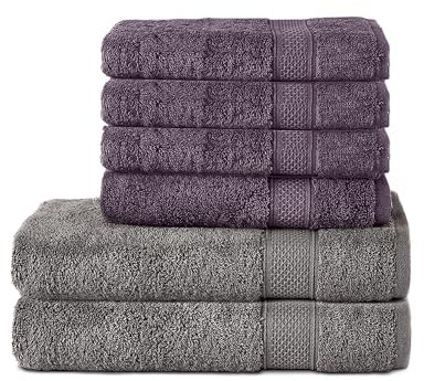 Komfortec 6er Handtuch Set aus 100% Baumwolle, 2er Badetücher 70x140 cm und 4er Handtücher 50x100 cm, Frottee, Weich, Anthrazit Grau/Violet