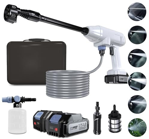 FEELON Nettoyeur haute pression sans fil avec 2 batteries rechargeables 4,0 Ah, buse 6 en 1, nettoyeur haute pression portable pour nettoyage et arrosage de voiture/clôture/sol, chargeur inclus
