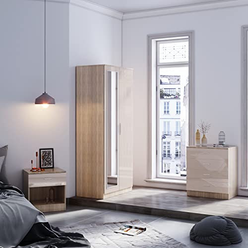 ELEGANT 2 Door Wardrobe Set with Hanging Rail and Full-length Mirror High Gloss Bedroom Furniture Set for Home Bedroom, 5 Colors Available