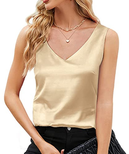 Getervb Tank Top Damen Sommer Satin V-Ausschnitt Ärmelloses Top Lockere Oberteile Elegant Tunika Shirts Cami Crop Top Lässiges
