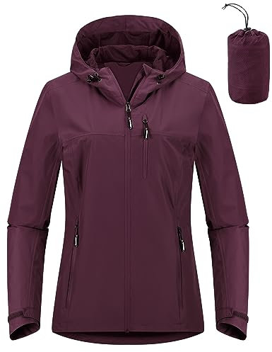 Outdoor Ventures Veste de pluie pour femme - Imperméable - 10 000 mm - Doublure légère - Pliable - Veste de sport fonctionnelle - Respirante - Veste de vélo avec capuche, bordeaux, M