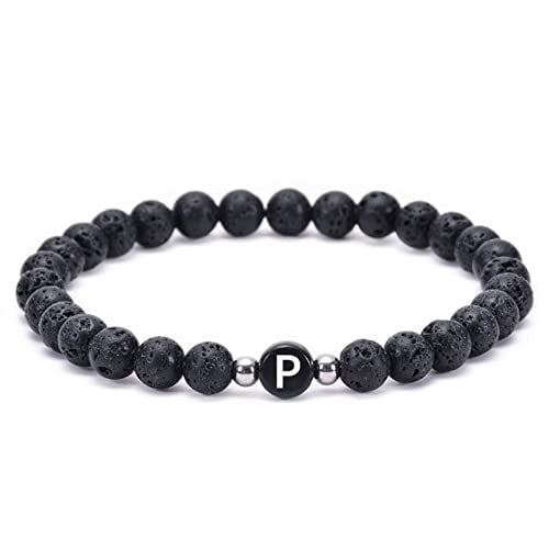 Stfery Armband Herren Buchstabe, Perlenarmband Herren Lavafelsen Schwarz 6mm Elastische Perle Initiale P 17cm Metalllegierung Kristall Damen