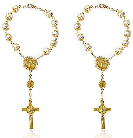 Luckious 2 Pieces Rosary Pearl Cross Car Mirror Charms, Rosary Catholic, Cross Car Mirror Charms Rear View Mirror Pendant Car Interior (Gold)