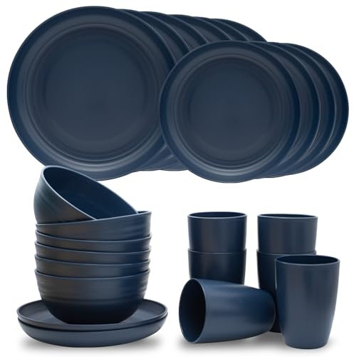 Vaisselle Plastique 24 Pièces, Assiette Plastique Réutilisable, Vaisselle Camping Car 6 Personnes avec Bol, Assiette et Gobelet, Vaisselle Plastique Reutilisable pour Pique-Nique, Fête, Barbecue