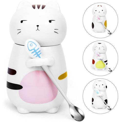 Disoza Katze Tasse mit Deckel Cat Mug 3d Kaffeetasse 400 ml Katzen Deko Geschenk Keramik Teetasse mit Löffel Tee Kaffee Weihnachten Becher Geburtstagsgeschenk für Frauen Männer Freundin Freund Bruder