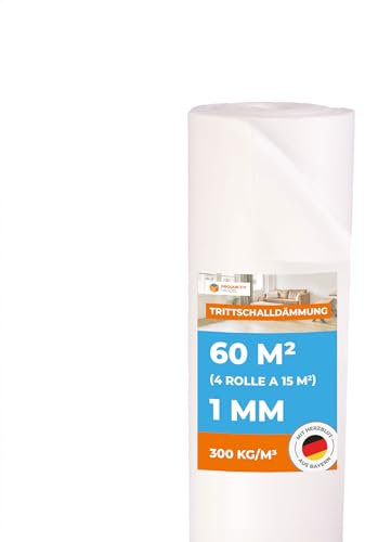 Trittschalldämmung für Vinylböden 60 m² Premium Vinyl 1 mm stark, 4 Rollen - gute Schall- und Wärmedämmung - Fußbodenheizung geeignet, Dämmungsunterlage