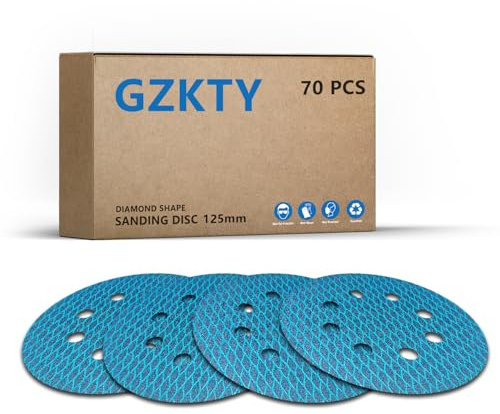 GZKTY 70 discos de lijado de velcro de 125 mm, almohadillas de lijadora orbital, 8 agujeros de grano 80 almohadillas de lijado en forma de diamante, resistentes a la obstrucción para lijadora orbital