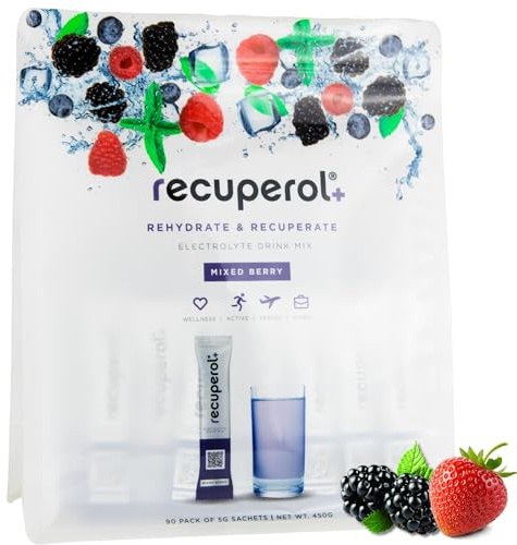 Recuperol Electrolytes Sachets - Rehydration Electrolytes Powder with Zinc, Vitamin C, B12, D3 & Potassium for Hydration - Sugar Free, Vegan & Low Calorie - Mixed Berry 90 Pack