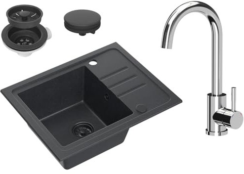 VBChome Granit Spülbecken 55 x 44 cm Schwarz gesprenkelt – Einbauspüle Einzelbecken reversibel mit Chrom Armatur & Siphon – Schwarzes Waschbecken Set für moderne Küchen – robust & pflegeleicht