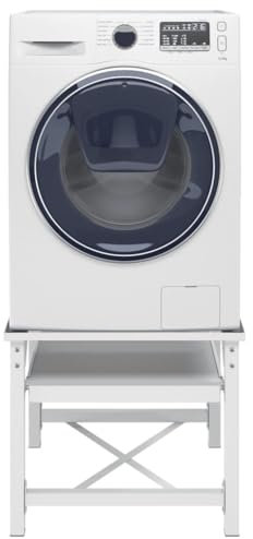 Tino Tech Base per lavatrice con ripiano di estrazione, 60 x 56,5 x 53,5 cm, colore bianco, capacità di carico 100 kg, base per lavatrice, cuscino antiscivolo per lavatrice