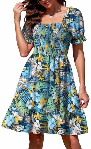 Actcat Women's Short Puff Sleeve Square Neck Mini Dress Summer Beach Holiday Sundress Colorful Leaves Blue Floral Dress XL
