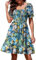 Actcat Women's Short Puff Sleeve Square Neck Mini Dress Summer Beach Holiday Sundress Colorful Leaves Blue Floral Dress XL