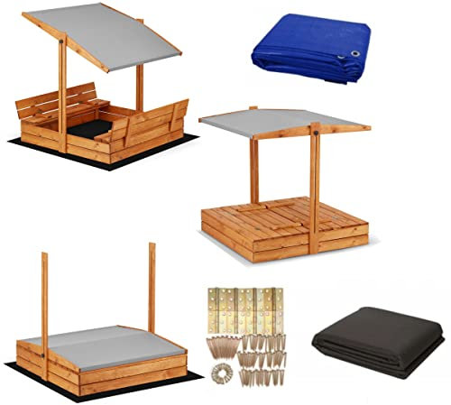Magus Sandkasten Imprägniert mit Dach inkl. Video Anleitung für Montage Sonnenschutz UV-Schutz Sandbox mit Abdeckung mit Sitzbänken mit Plane Sandkiste Holz 120x120 140x140 XL (116x116 Grau)