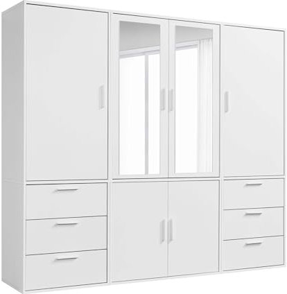 mokebo Kleiderschrank mit Spiegeltüren 6-türig & 6 Schubladen 'Der Grenzenlose', Spiegelschrank, Schlafzimmerschrank, Garderobenschrank mit Spiegel in Weiß, Schrank aus Holz in 210x187x58 (BxHxT)