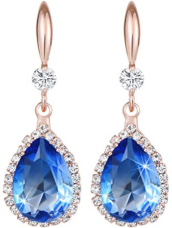 Linawe Rose Gold Dangle Imitation Diamond Wedding Earrings, Aquamarine Blue Earrings for Women Mom, Drop Chandelier Rhinestone Cubic Zirconia Crystal Teardrop Earrings Set