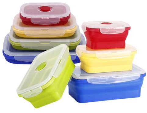 Elegauit Collapsible Bowls, 4 Pcs Rectangular Silicone Collapsible Storage Containers Sets with Lids for Microwave, Dishwasher, Freezer, Portable Camping Essential Tool for Camping, RVs