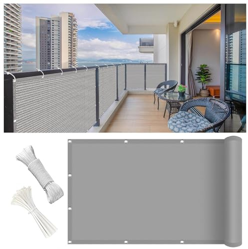Balkon Sichtschutz Wetterfest 90 x 450 cm Blickdicht, Uv-Schutz, Windfest, Ohne Bohren, Viele Größe Und Farben Matte Garten Windschutz mit Ösen Kabelbinder für Zaun, Grau