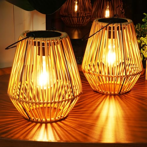 Homemory 2 Pack Rattan Lantern Solar Outdoor Waterproof Hanging Lights