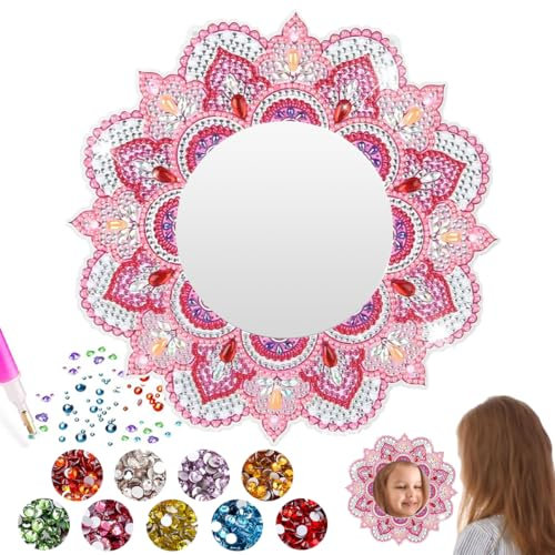 Capaneus Rosa Bastelset Mandala Diamond Painting Spiegel, Mandala Spiegel Diamond Painting Kinder, Basteln Diamond Painting Spiegel, Mandala Kosmetikspiegel Mädchen für DIY, Geschenk, Zimmer Deko