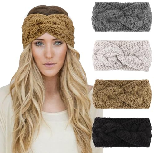 DRESHOW 4 Stück Damen Gestrickt Stirnband Winter Strick Breite Kopfband Elastische Haarband Stirnband Häkelarbeit Ohr Wärmer Damen